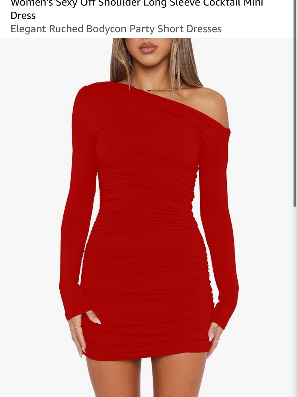 Off-Shoulder Ruched Bodycon Mini Dress in Red